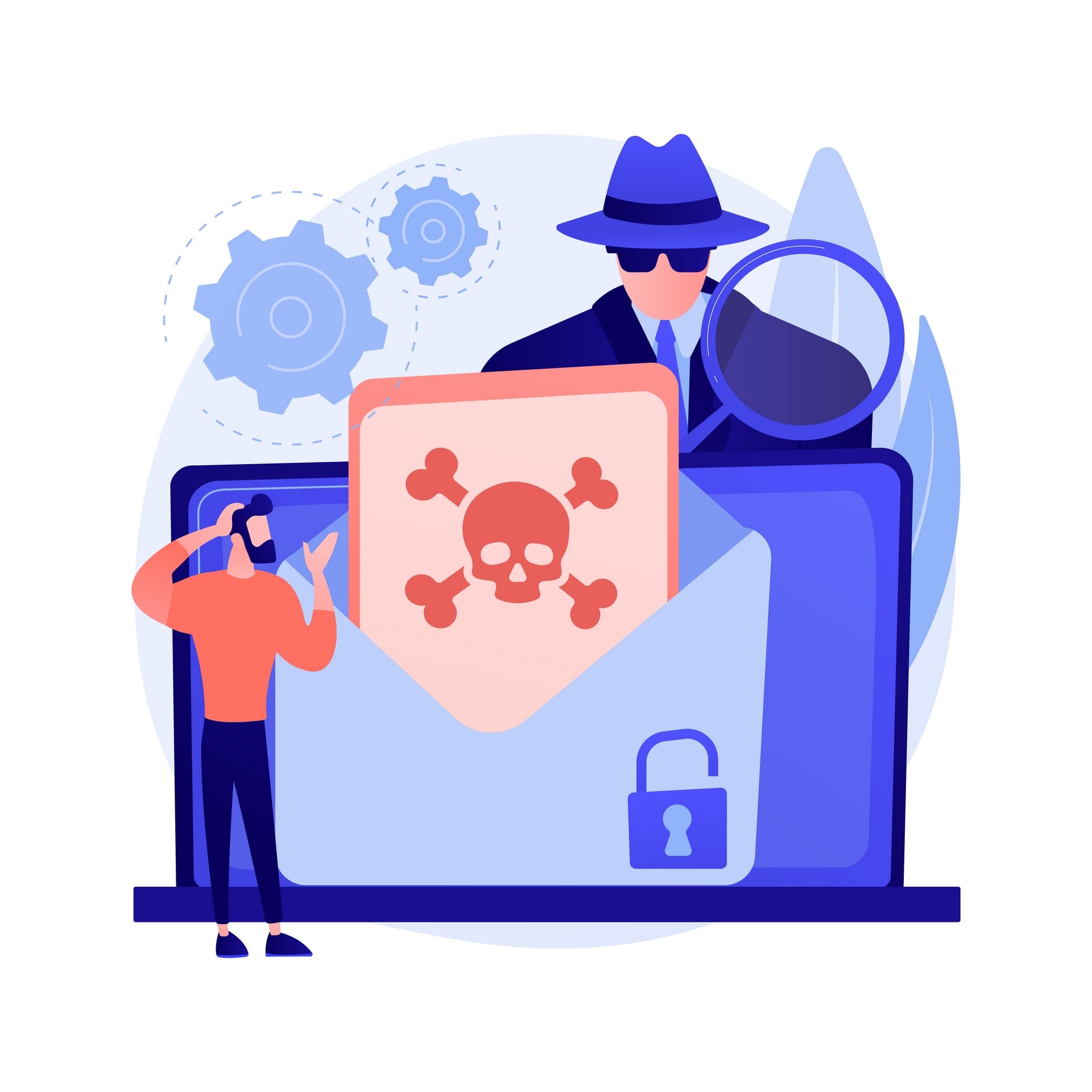 malaicious-user spying on an individuals emails showing a skull and cross-bones